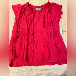 CECE hot pink, flutter sleeve and ruffled trim with front string ties